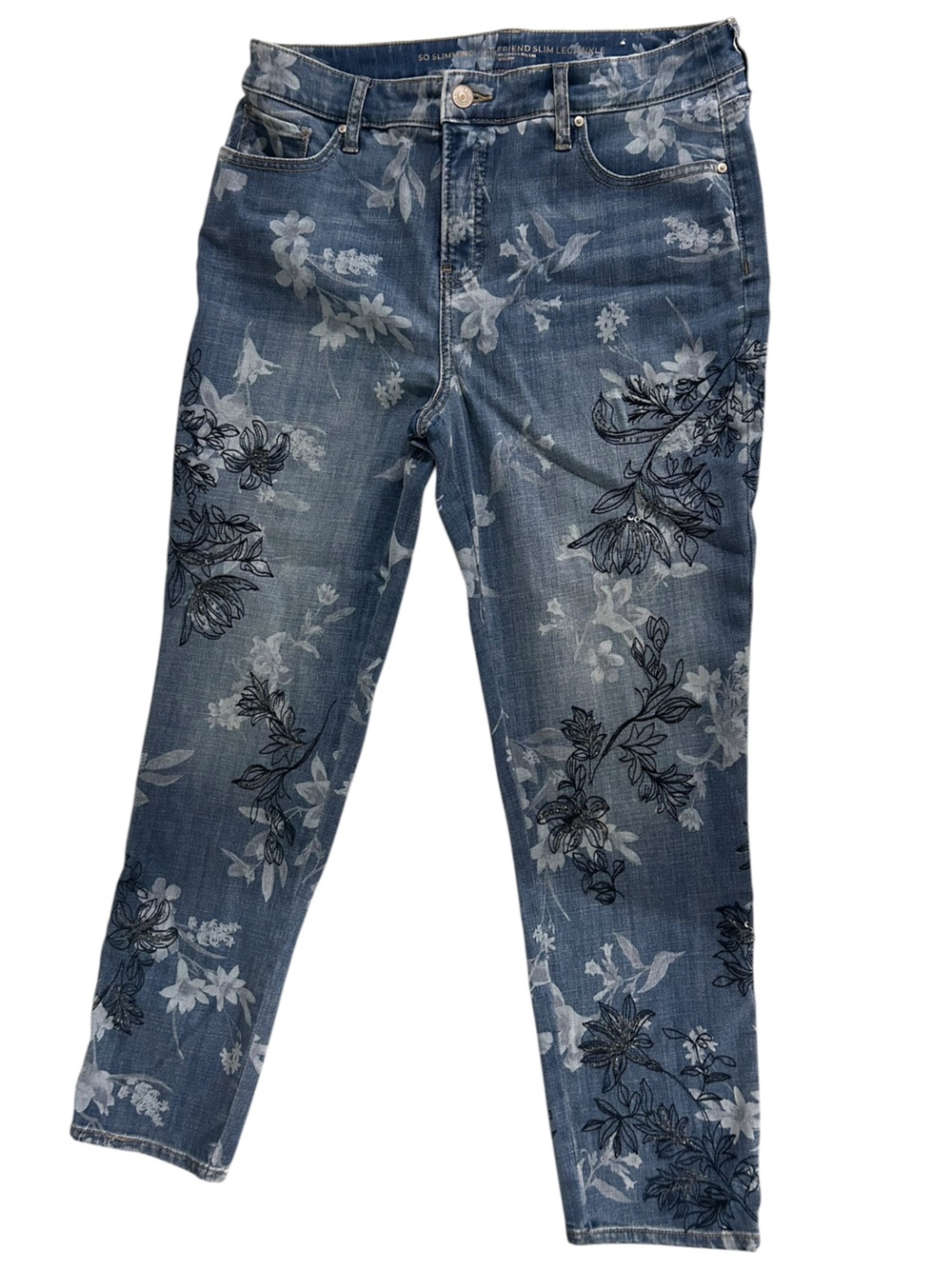 Chico’s So Slimming Girlfriend Floral Embroidered Ankle Jeans Blue Stretch Sz 34
